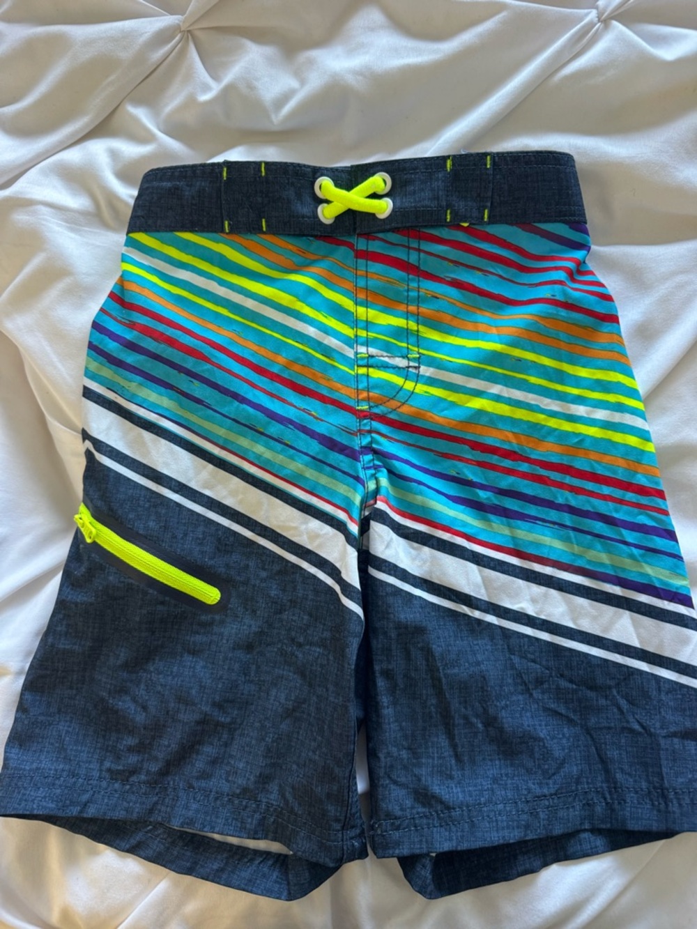 wonder nation Boys Multi-Stripe Blue Swim Shorts with Neon Accents